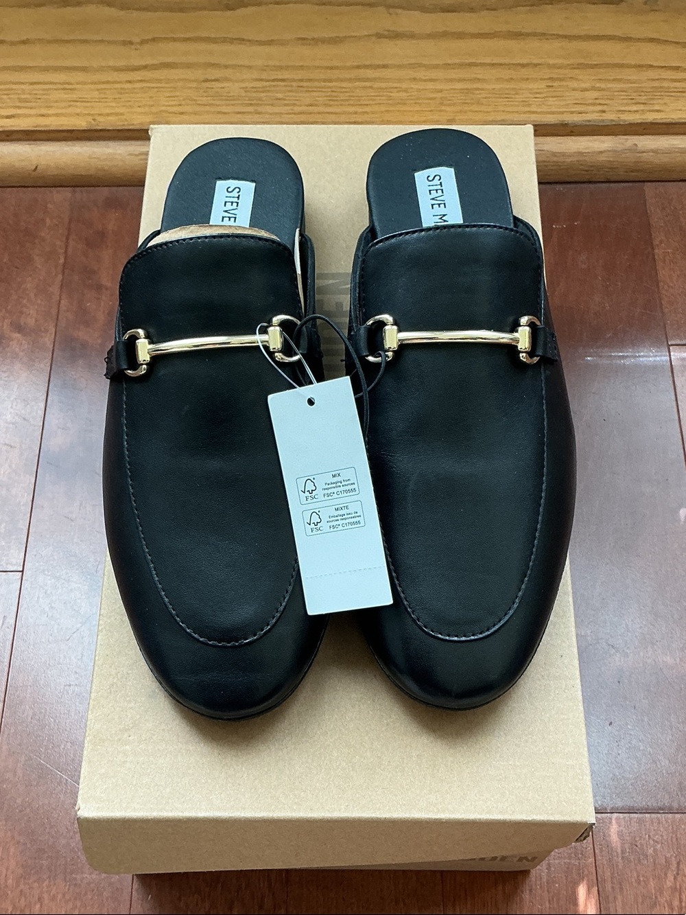 Steve Madden Black Leather Backless Mules with Gold-tone Bit